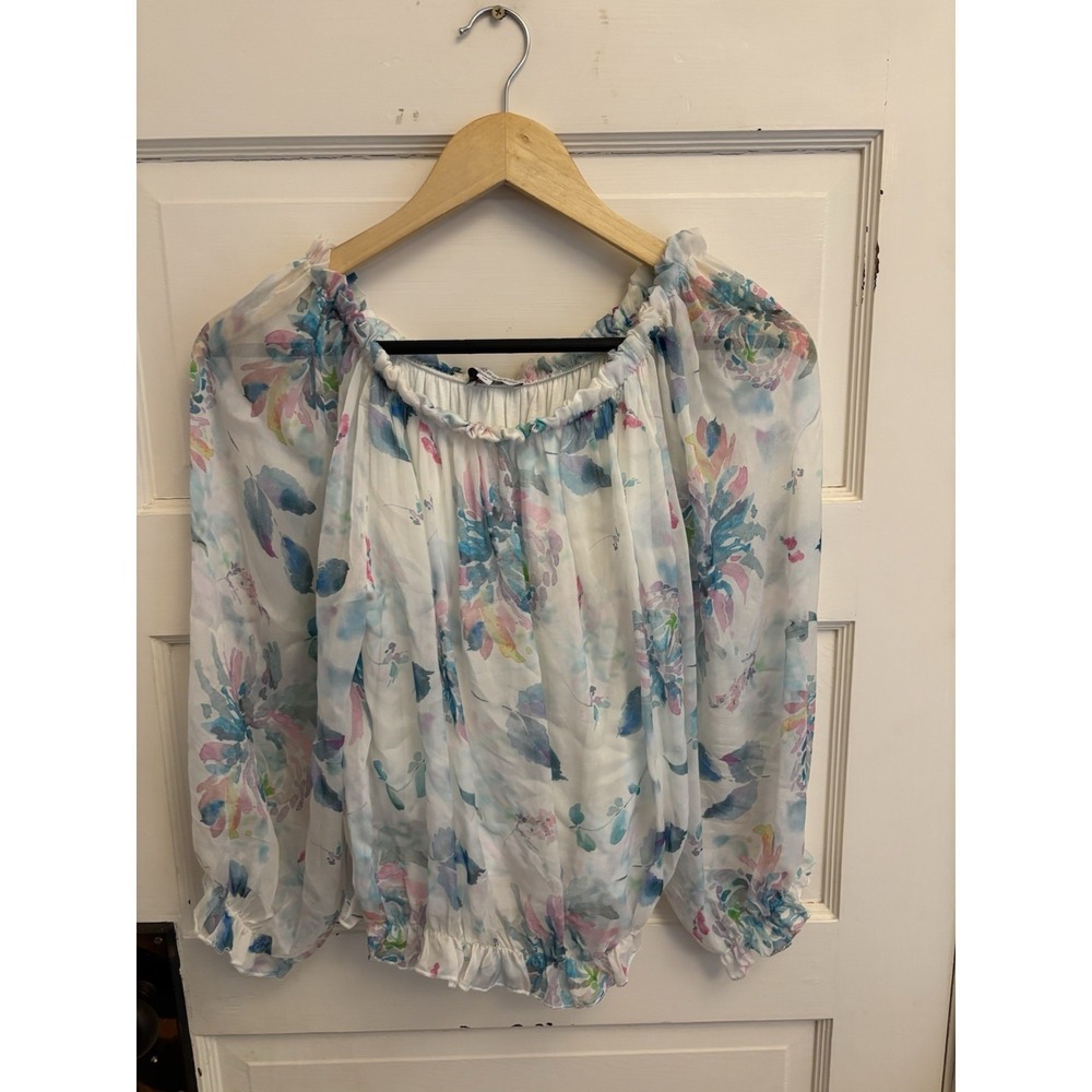 Le Regarre Women's White Floral Silk Blend Peasant Blouse Sheer‎ Sleeves Size M